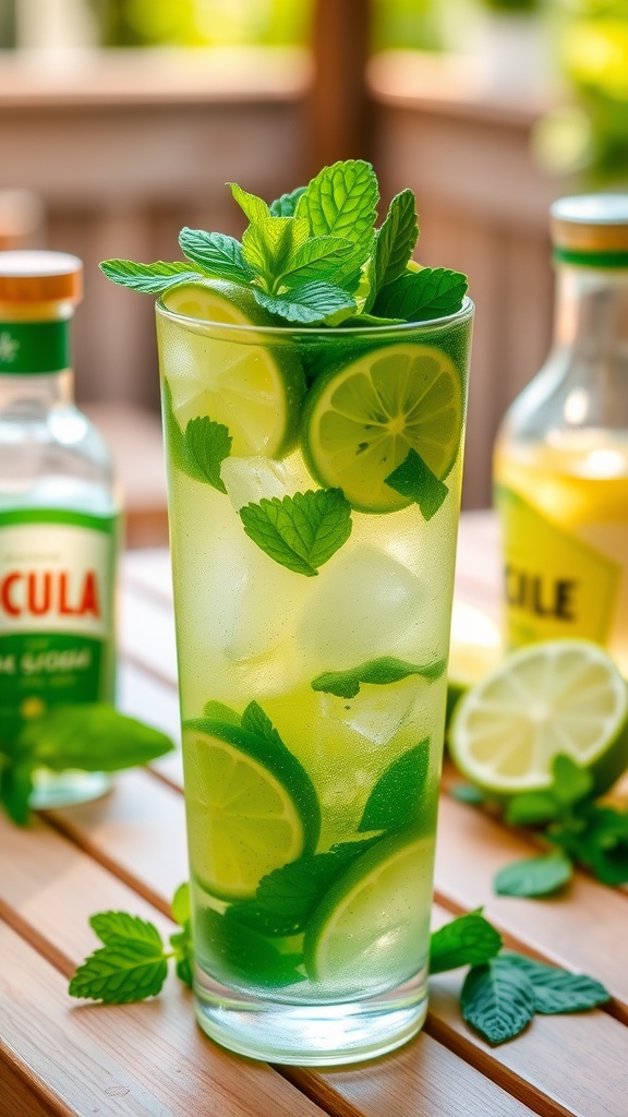 A refreshing Tequila Mojito in a tall glass with mint and lime, sitting on a sunny outdoor table.